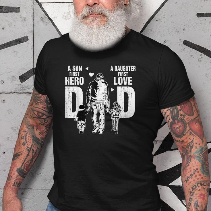 Dad A Sons First Hero A Daughters First Love Fathers Day Old Men T-shirt