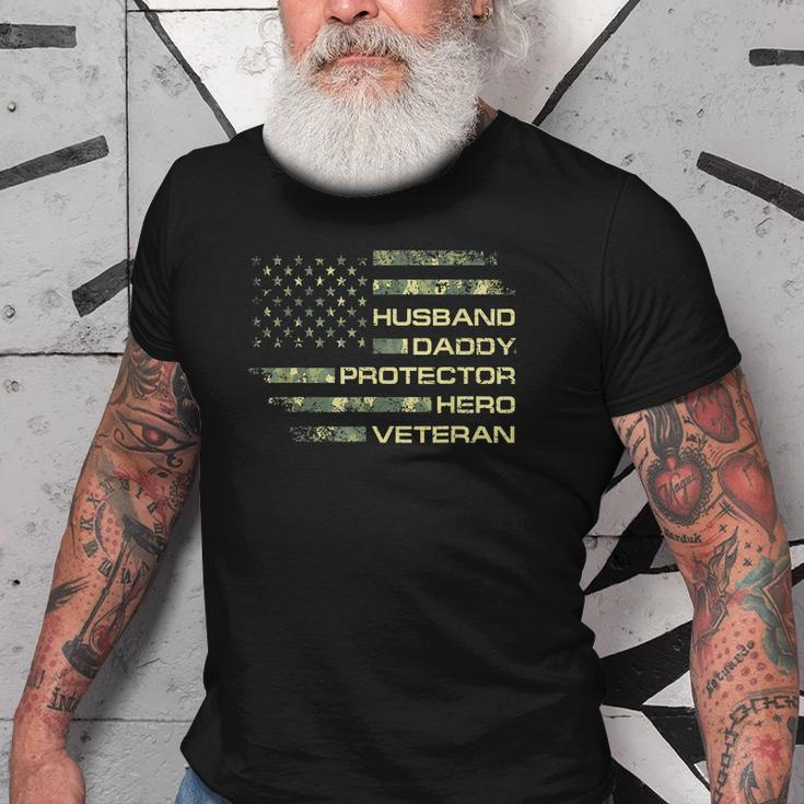 Husband Daddy Protector Hero Veteran Usa Flag Camouflage Dad Gift For Mens Old Men T-shirt