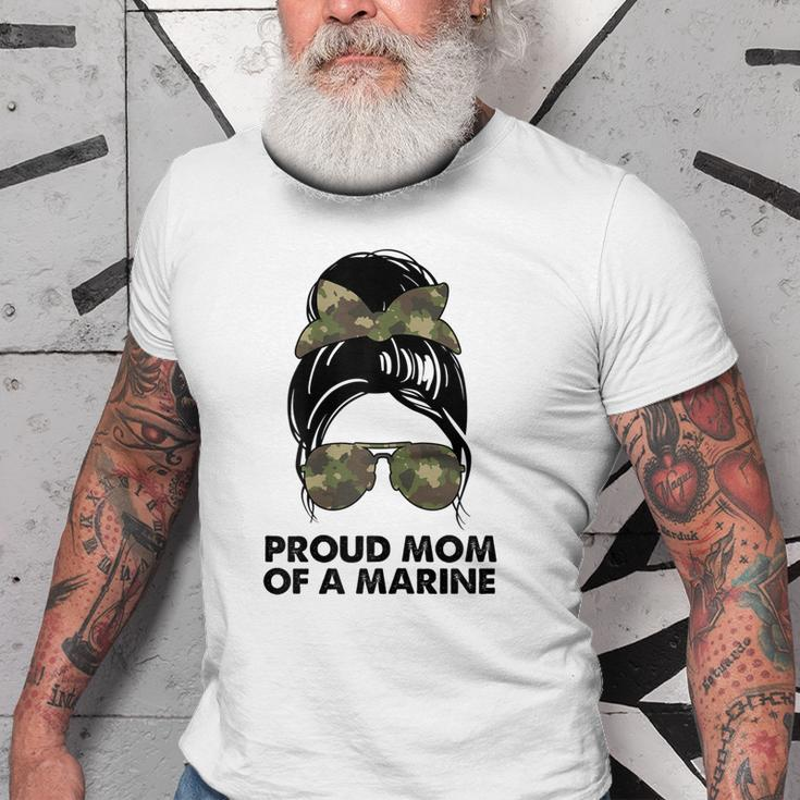 Proud Mom Of A Marine Messy Bun Camouflage Military Women Gift For Womens Old Men T-shirt