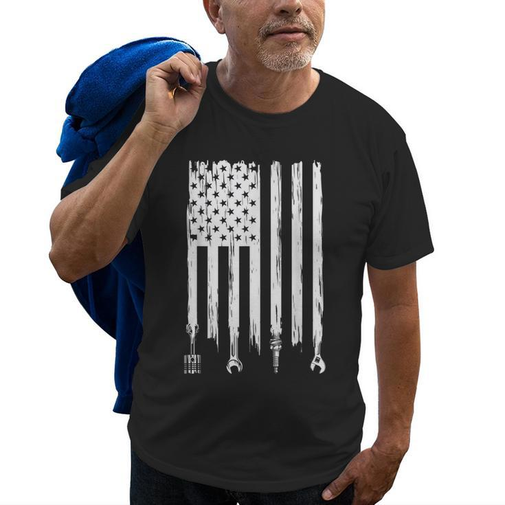 Wrench Piston American Flag Fathers Day Car Mechanic Garage Old Men T-shirt