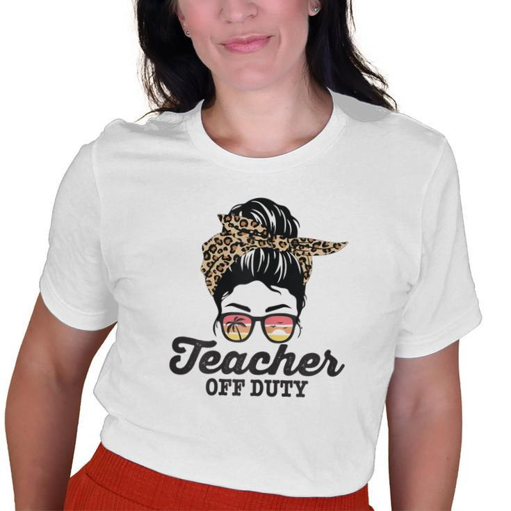 Teacher Off Duty Leopard Messy Bun Glasses Old Women T-shirt