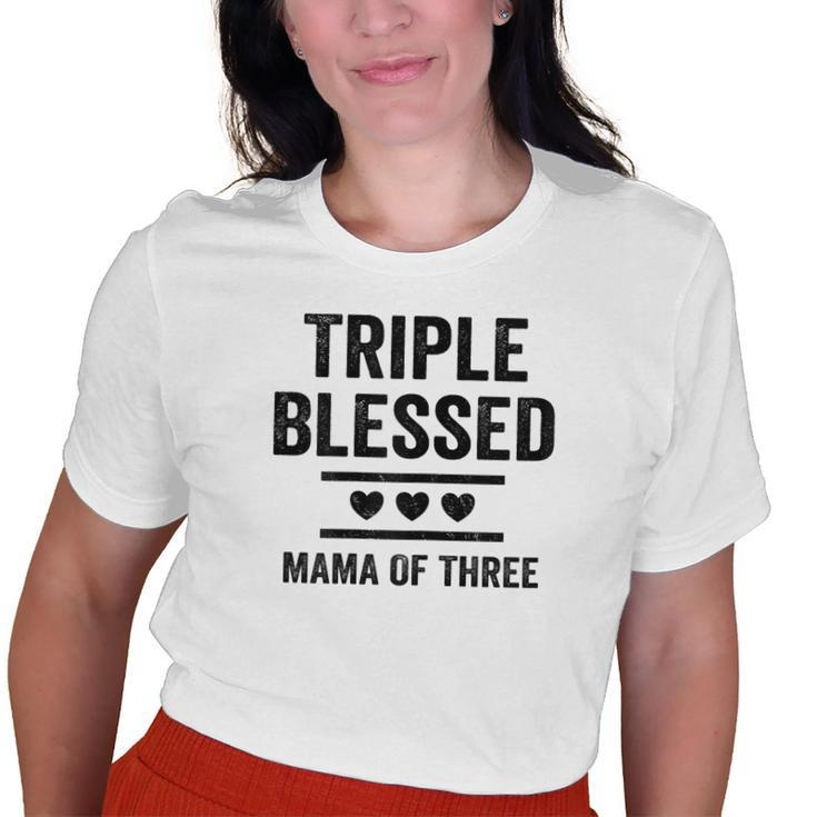 Triple Blessed Mama Of Three Boys Girls Kids Blessed Mom Old Women T-shirt