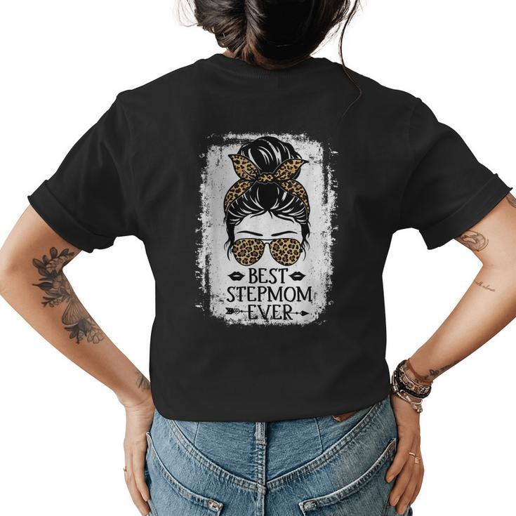 Best Stepmom Ever Women Messy Bun Leopard Decor Step Mom Womens Back Print T-shirt