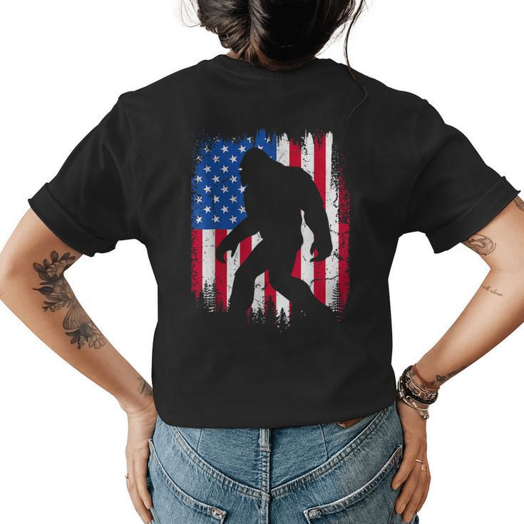 Retro Bigfoot Silhouette Usa Flag Sasquatch Lovers July 4Th  Women's Crewneck Short Sleeve Back Print T-shirt