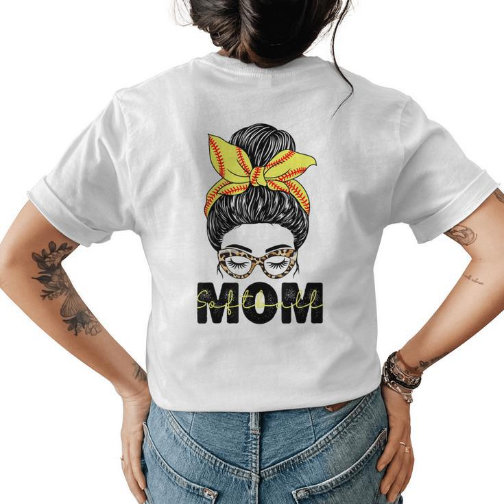Softball Mom Messy Bun Women  Leopard Pattern Softball  Womens Back Print T-shirt