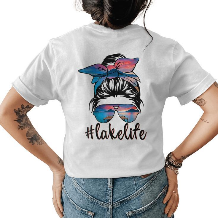 Womens Lake Life Messy Bun Hair Girl Sunglasses Retro Lake Summer  Womens Back Print T-shirt