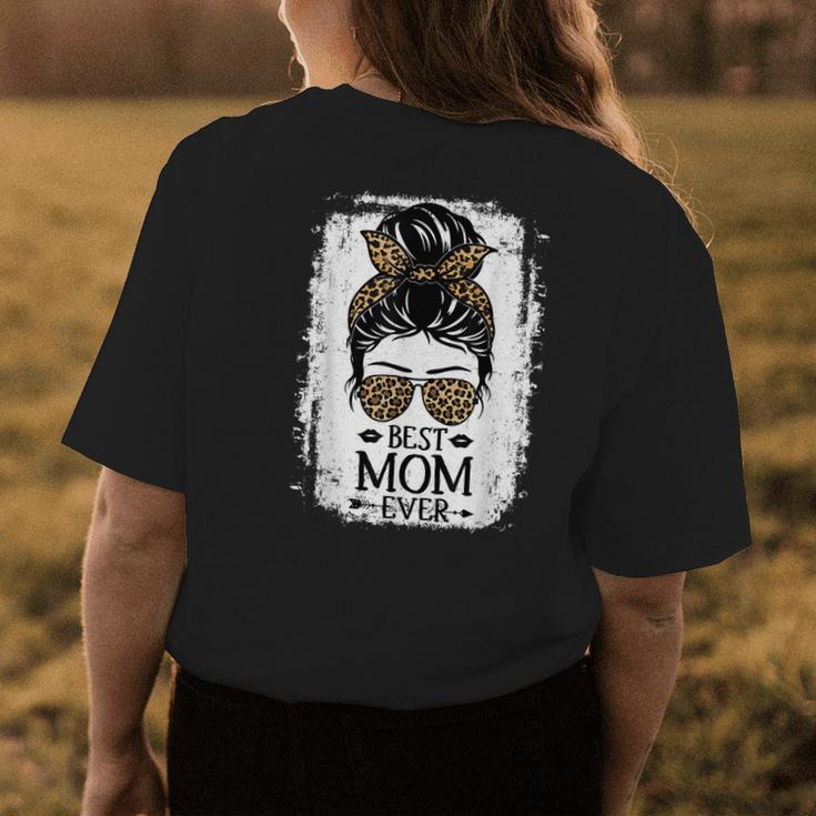 Best Mom Ever Women Messy Bun Leopard Decor Mommy Womens Back Print T-shirt Funny Gifts