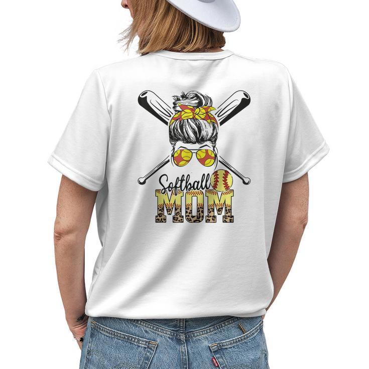 Softball Mom Messy Bun Leopard Softball Mothers Day 2023 Womens Back Print T-shirt Gifts for Her