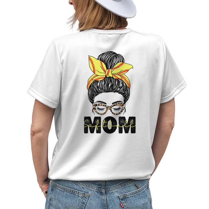 Softball Mom Messy Bun Women Leopard Pattern Softball Womens Back Print T-shirt Gifts for Her