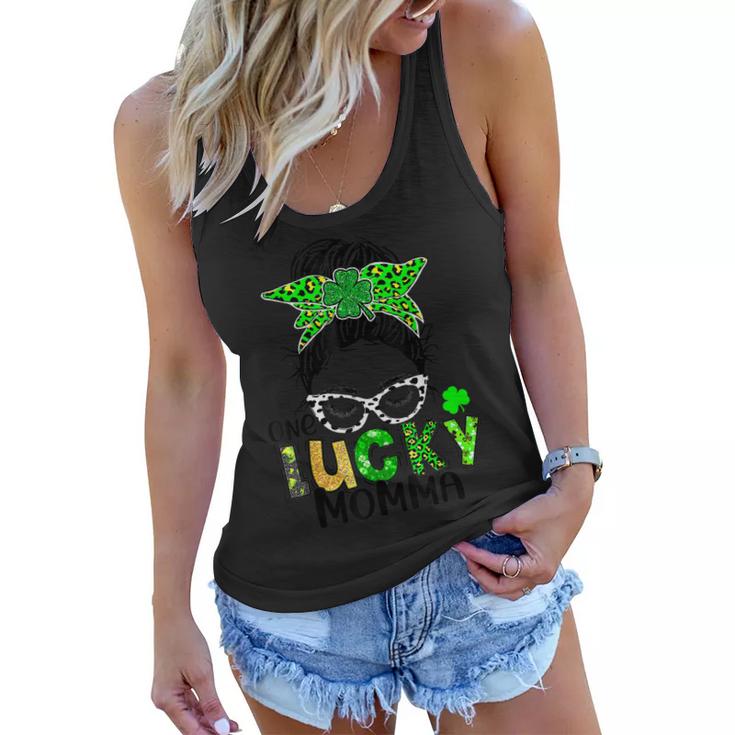One Lucky Momma Messy Bun Mom Shamrock St Patricks Day  Women Flowy Tank