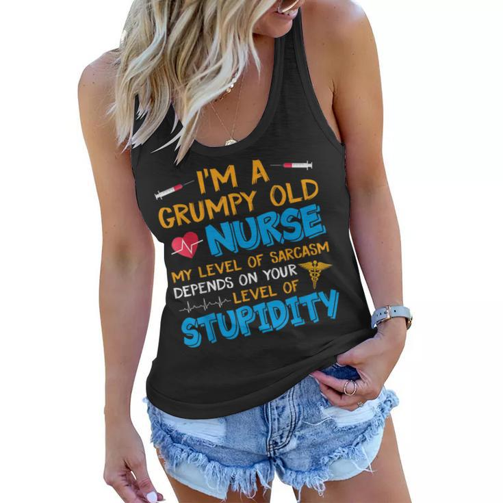 A Grumpy Old Nurse My Level Of Sarcasm Depends On Stupidity  Women Flowy Tank