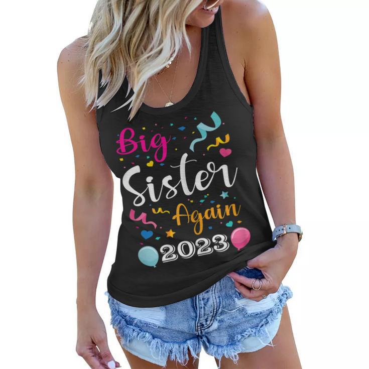 Big Sister Again 2023 Pregnancy Announcement Kids Siblings Women Flowy Tank