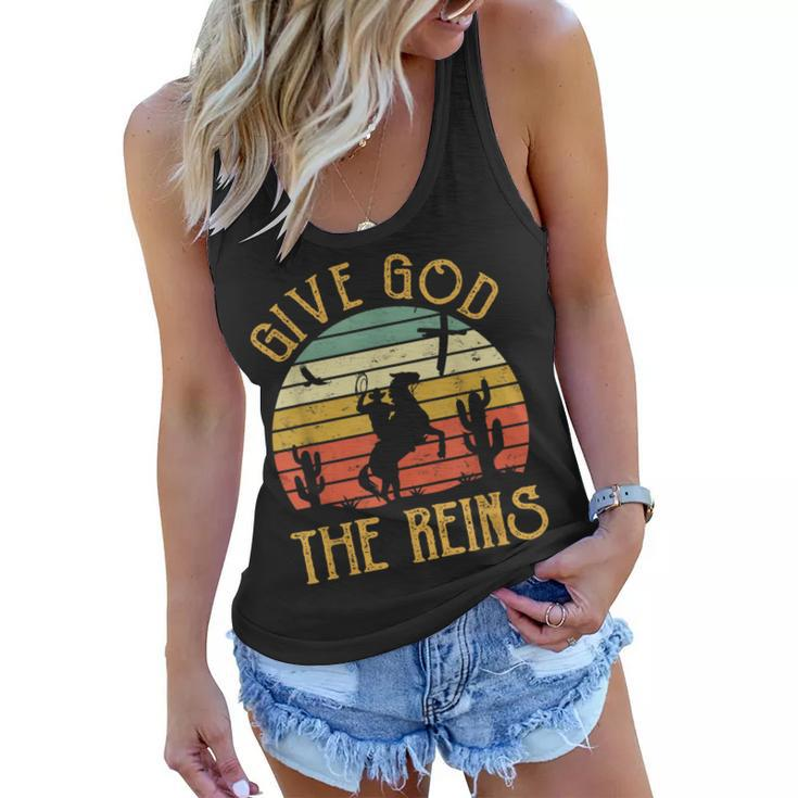 Give God The Reins  Funny Cowboy Riding Horse Christian  Women Flowy Tank