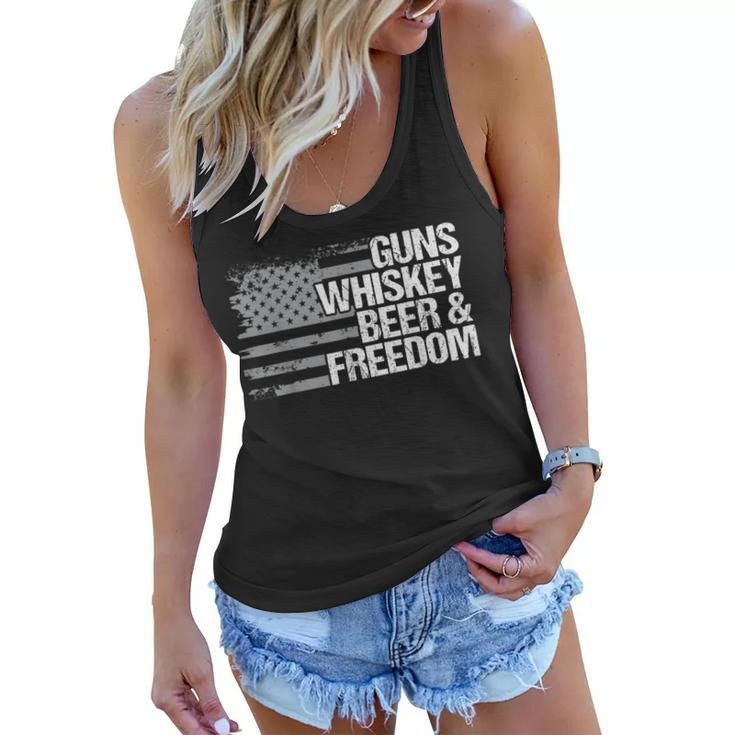 Guns Whiskey Beer And Freedom Veteran American Flag  Women Flowy Tank