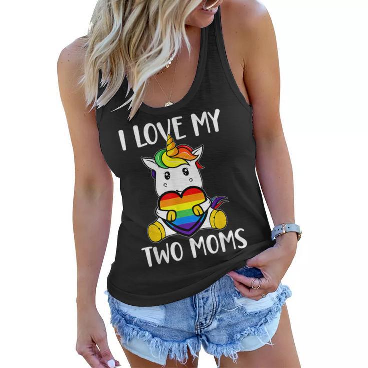 I Love My Two Moms Cute Lgbt Gay Ally Unicorn Girls Kids  Women Flowy Tank