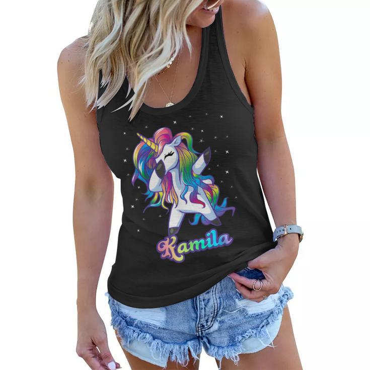 Kamila Name Personalized Custom Rainbow Unicorn Dabbing Women Flowy Tank