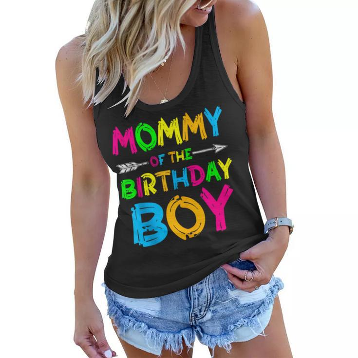 Mommy Of The Birthday Boy Paint Splatter Glow Party Themed  Women Flowy Tank
