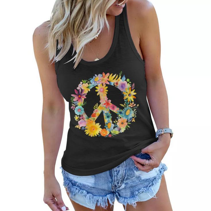 Peace Sign World Love Flowers Hippie Groovy Vibes Colorful  Women Flowy Tank