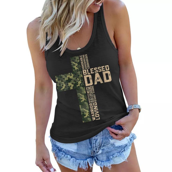 Womens Christian Blessed Dad Camo Flag Cross Religious Fathers Day  Women Flowy Tank