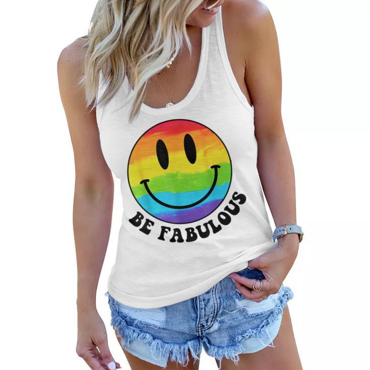 Be Gay Fabulous Groovy Rainbow Smile Face Lgbt Pride Month  Women Flowy Tank