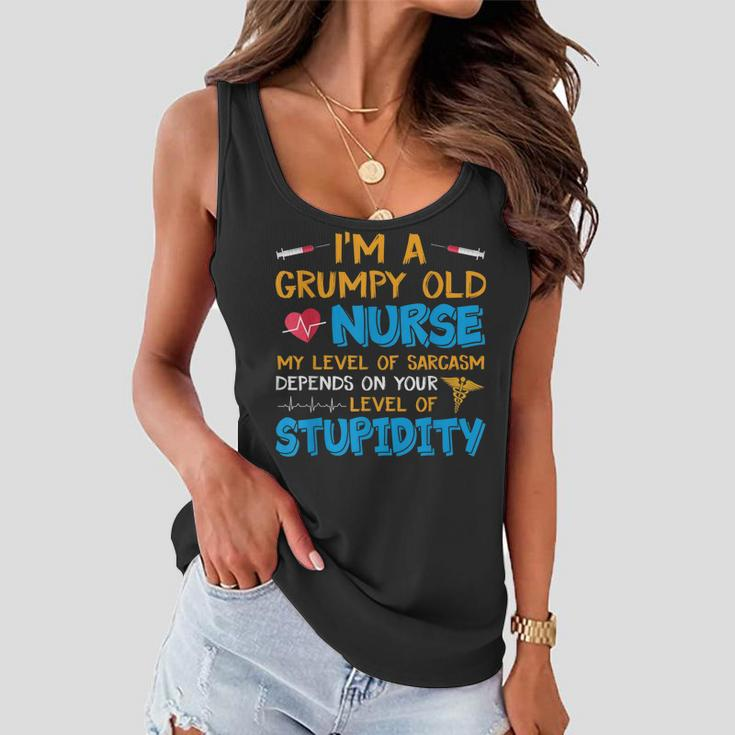 A Grumpy Old Nurse My Level Of Sarcasm Depends On Stupidity Women Flowy Tank