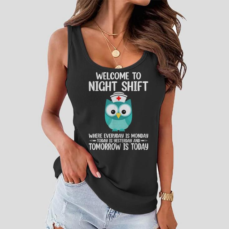 Bsn Lpn Cna Funny Nursing Owl Welcome To Night Shift Nurse Women Flowy Tank