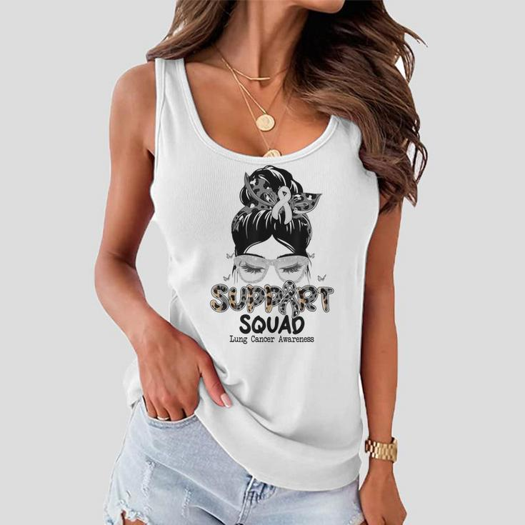 Support Squad Messy Bun Butterfly White Ribbon Lung Cancer Women Flowy Tank
