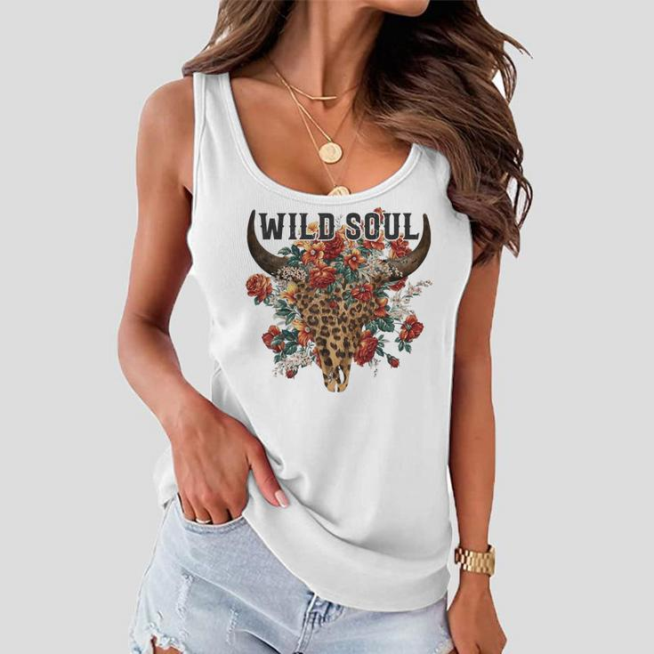 Wild Soul Leopard Cow Skull Bull Skull Flower Western Lover Women Flowy Tank