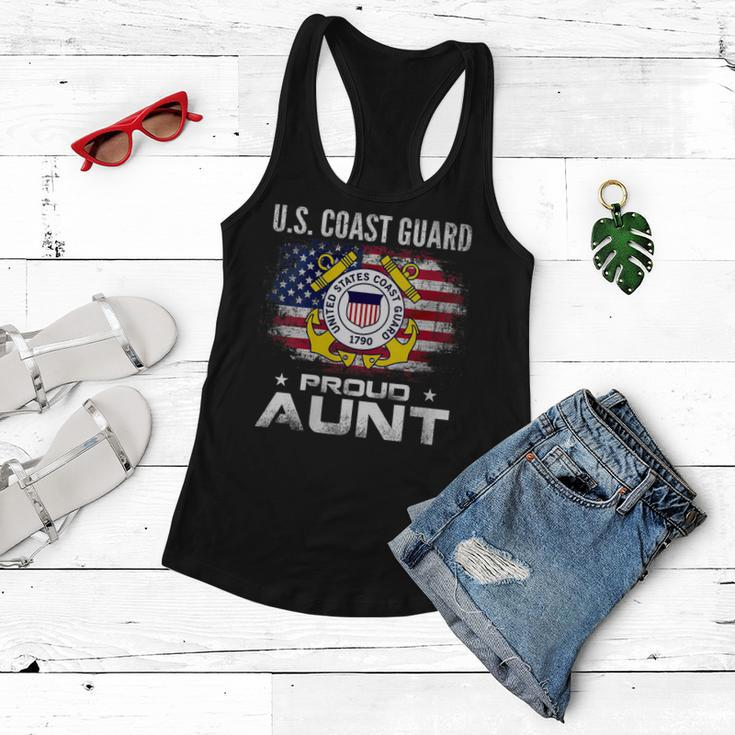 Womens US Coast Guard Proud Aunt With American Flag Gift Veteran Women Flowy Tank
