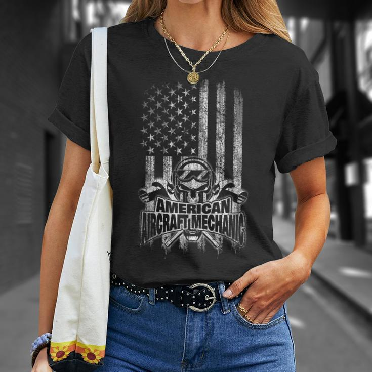 Aircraft Mechanic American Flag Skull And Ratchets Unisex T-Shirt Gifts for Her