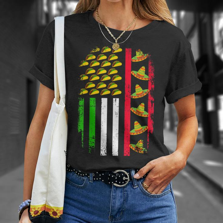 American Mexican Flag With Sombrero And Taco Cinco De Mayo Unisex T-Shirt Gifts for Her