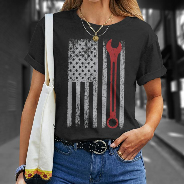 Auto Repairman Car Mechanic Wrench Workshop Tools Usa Flag Unisex T-Shirt Gifts for Her