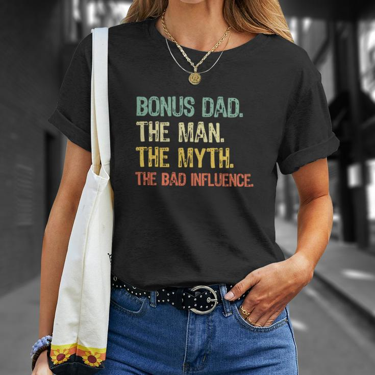 Bonus Dad The Man Myth Bad Influence Retro Gift Christmas V2 Unisex T-Shirt Gifts for Her