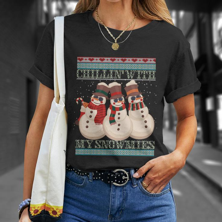 Chillin With My Snowmies Ugly Christmas Snow Gift Black Unisex T-Shirt Gifts for Her
