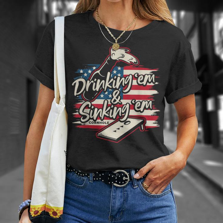 Cornhole For Men Drinking Em Sinking Em 4Th Of July Unisex T-Shirt Gifts for Her