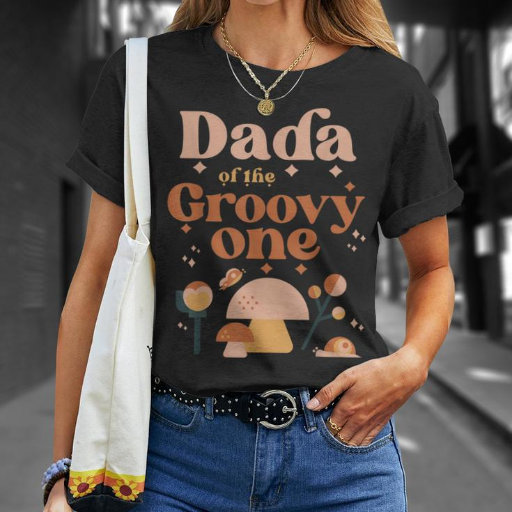 Mens Dada Of The Groovy One Boho 1St Birthday Hippie Mushroom Dad T-Shirt Gifts for Her