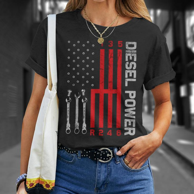 Diesel Mechanic Shifting Gear American Flag Gift Drag Racer Unisex T-Shirt Gifts for Her