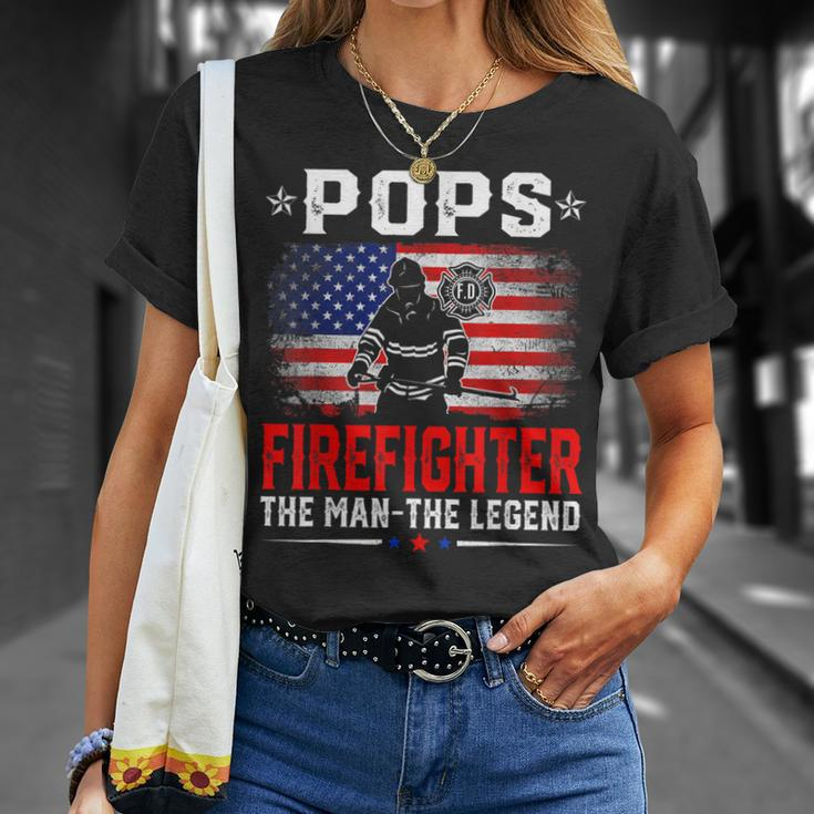 Distressed American Flag Pops Firefighter The Legend Retro Unisex T-Shirt Gifts for Her