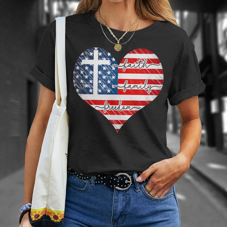 Faith Family Freedom Heart - 4Th Of July Patriotic Flag Unisex T-Shirt Gifts for Her