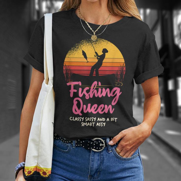 Fishing Queen Damen T-Shirt mit Angler-Sonnenuntergang und Spruch Geschenke für Sie