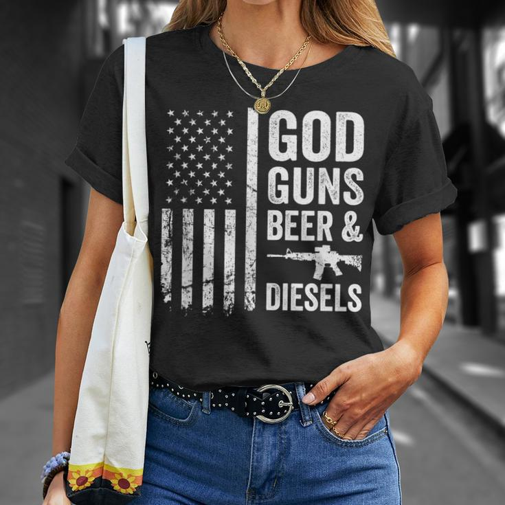 God Guns Beer & Diesels Diesel Truck Mechanic Usa Flag Unisex T-Shirt Gifts for Her