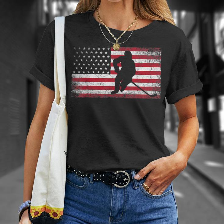 Hockey American Flag 4Th Of July Patriotic Usa Dad Men Son Unisex T-Shirt Gifts for Her