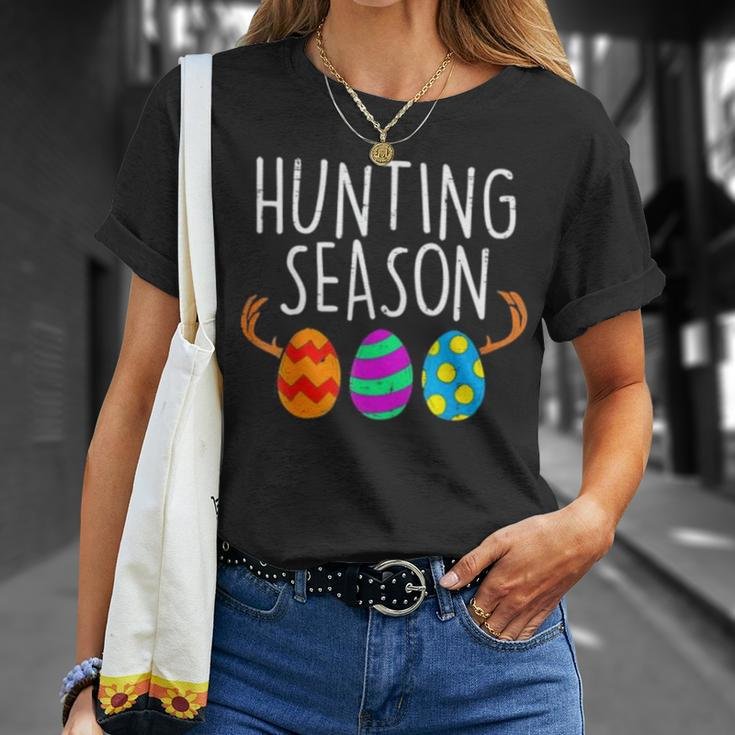 Hunting Season Eggs Deer Funny Easter Day Egg Hunt Hunter 2023 Gift Unisex T-Shirt Gifts for Her