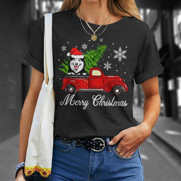 Husky Dog Riding Red Truck Christmas Decorations Pajama T-shirt Gifts for Her