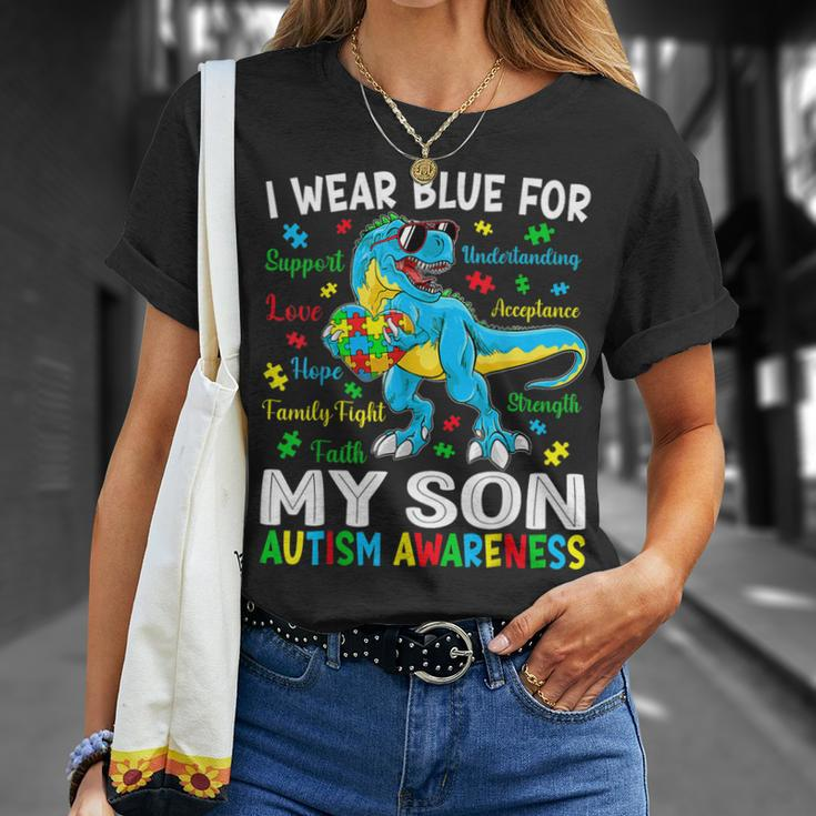 I Wear Blue For My Son Autism Awareness Dinosaur For Dad Mom Unisex T-Shirt Gifts for Her