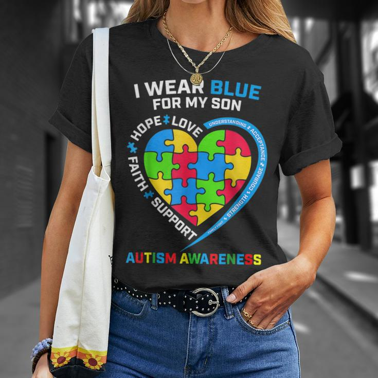 I Wear Blue For My Son Autism Awareness Mom Dad Heart Puzzle Unisex T-Shirt Gifts for Her