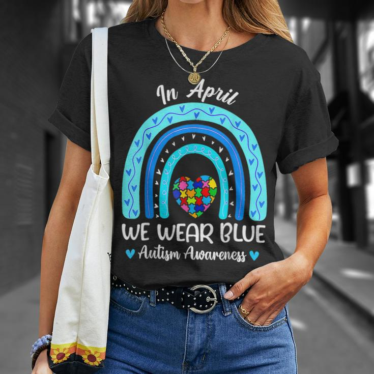 In April We Wear Blue Autism Awareness Month Puzzle Rainbow Unisex T-Shirt Gifts for Her