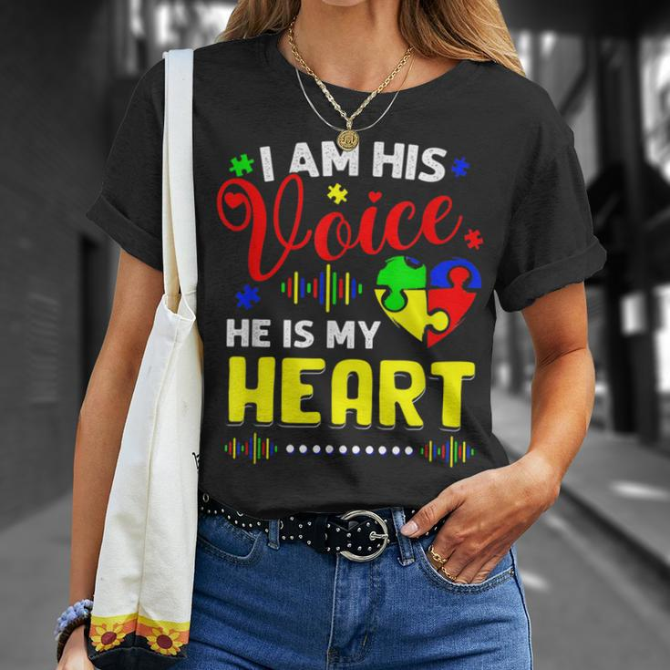 Kids I Am His Voice He Is My Heart Autism Awareness Mom Dad Unisex T-Shirt Gifts for Her