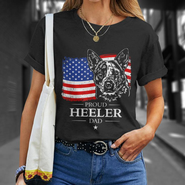 Mens Proud Cattle Dog Heeler Dad American Flag Patriotic Dog Unisex T-Shirt Gifts for Her