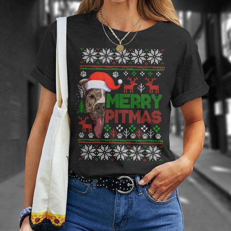 Merry Pitmas Christmas Pitbull Ugly Sweater Style T shirt Seseable UK